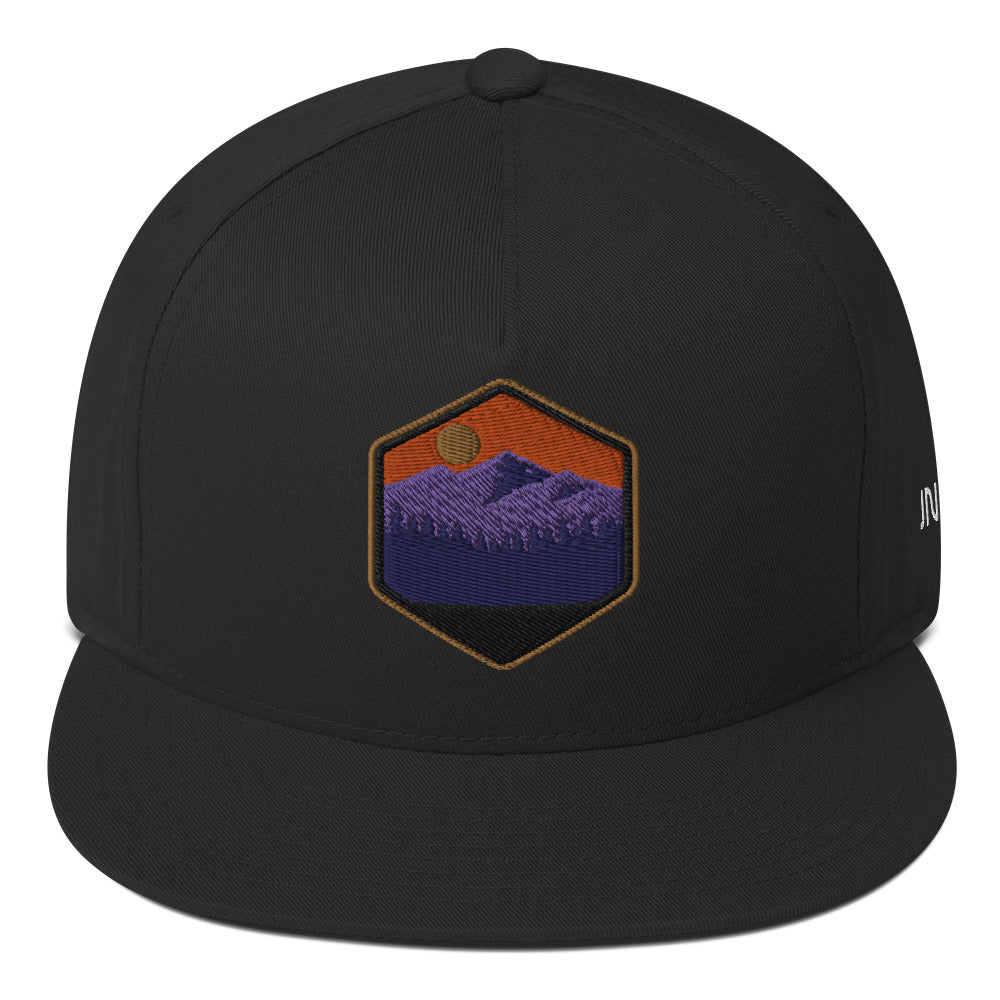 Embroidered Hiking Flat Bill Hat - Black Front