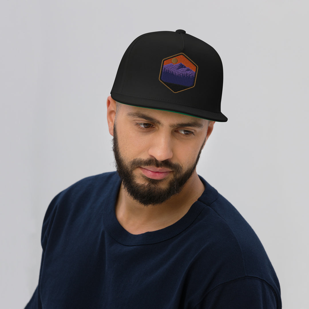 Embroidered Hiking Flat Bill Hat - Black Lifestyle