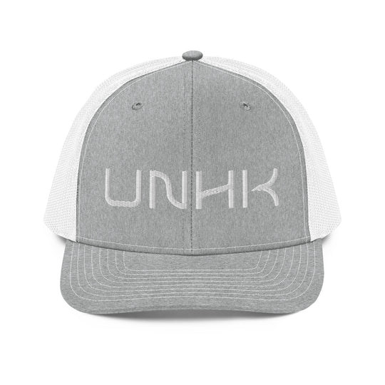 UNHK Puff Embroidered Trucker Hat - Heather Grey White Front