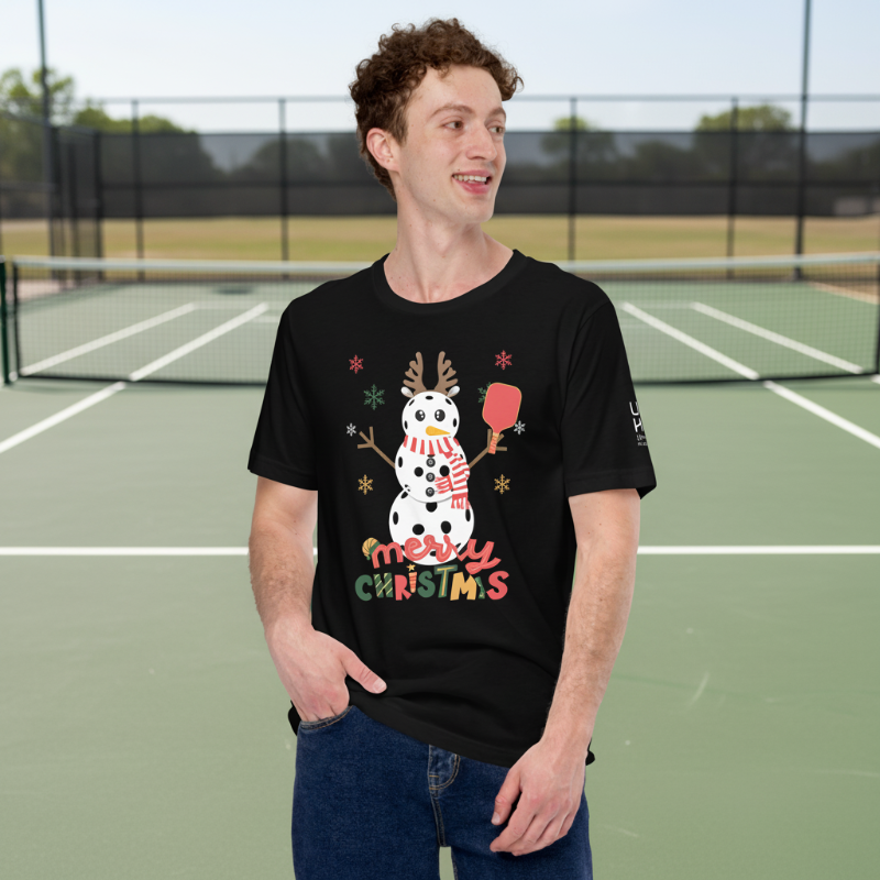 Merry Christmas Pickleball Snowman Cotton Tee | Black