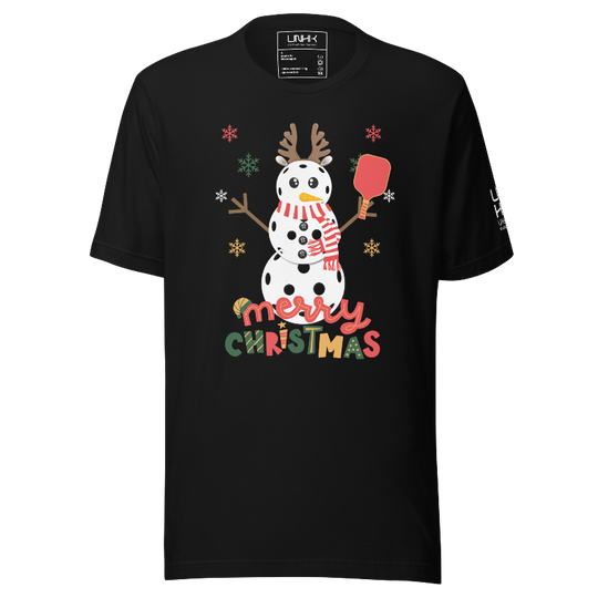 Merry Christmas Pickleball Snowman Cotton Tee | Black