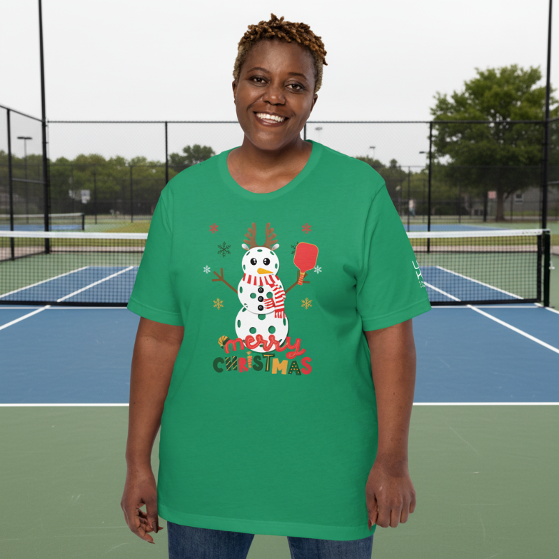 Merry Christmas Pickleball Snowman Cotton Tee | Green