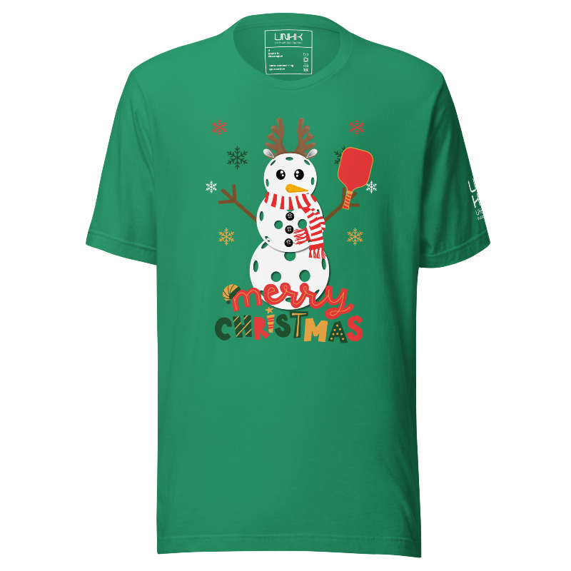 Merry Christmas Pickleball Snowman Cotton Tee | Green