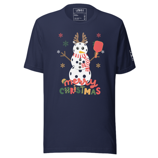 Merry Christmas Pickleball Snowman Cotton Tee | Navy