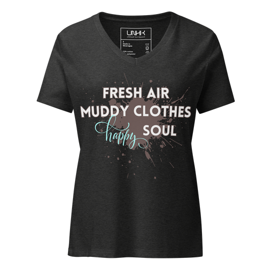 Women’s Relaxed T-shirt - Fresh Air, Muddy Clothes, Happy Soul