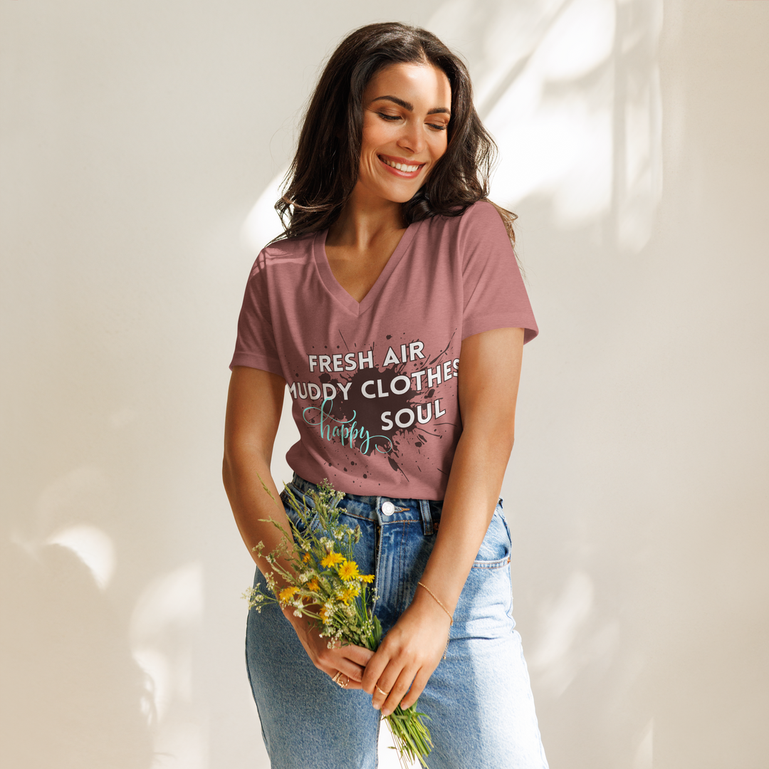 Women’s Relaxed T-shirt - Fresh Air, Muddy Clothes, Happy Soul