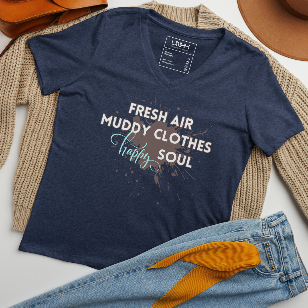 Women’s Relaxed T-shirt - Fresh Air, Muddy Clothes, Happy Soul