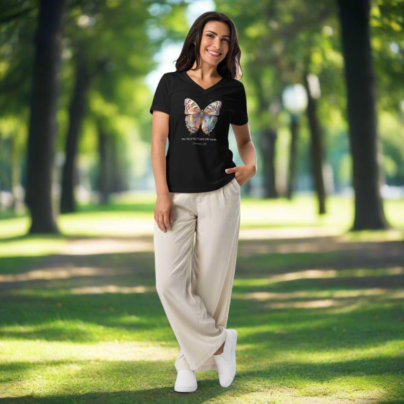 Butterfly Women’s Relaxed V-Neck T-Shirt | Black | Sunny Park